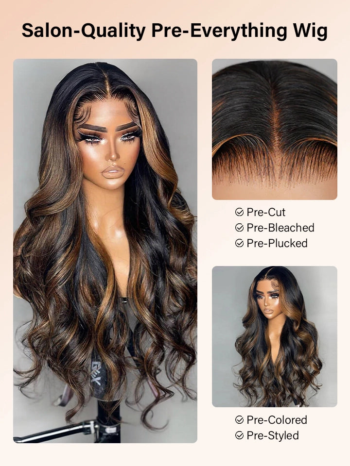 highlight wig body wave 13x4 lace front wigs black human hair with brown highlights | WigOutlets