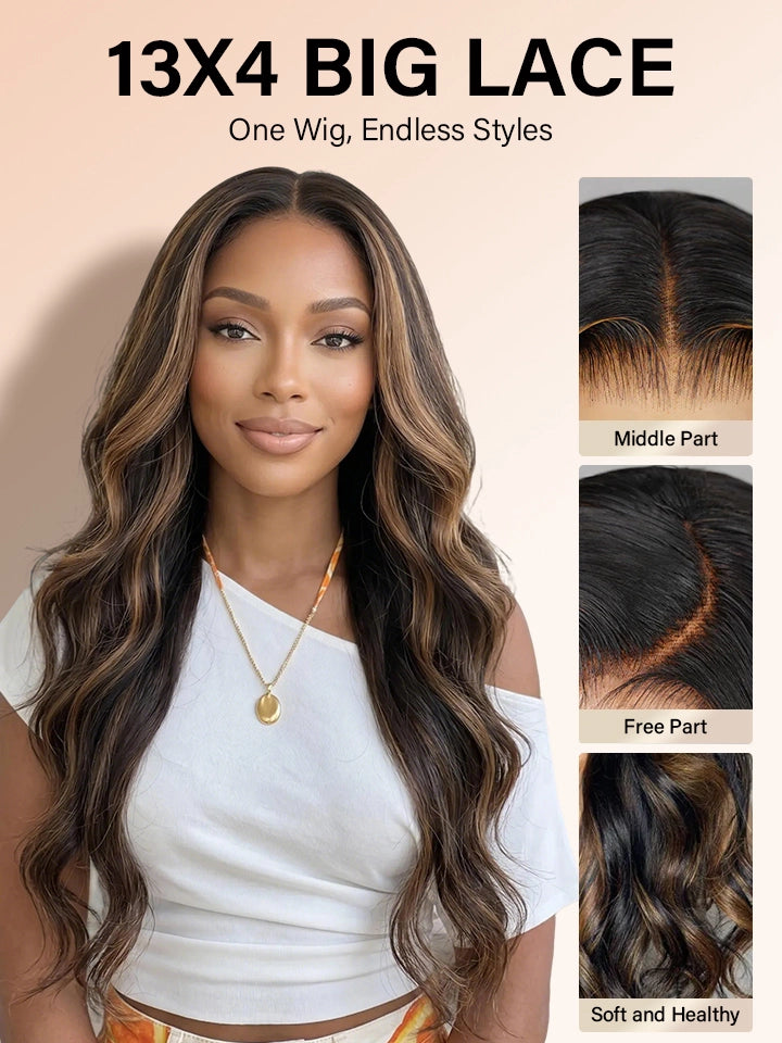 highlight wig body wave 13x4 lace front wigs black human hair with brown highlights | WigOutlets