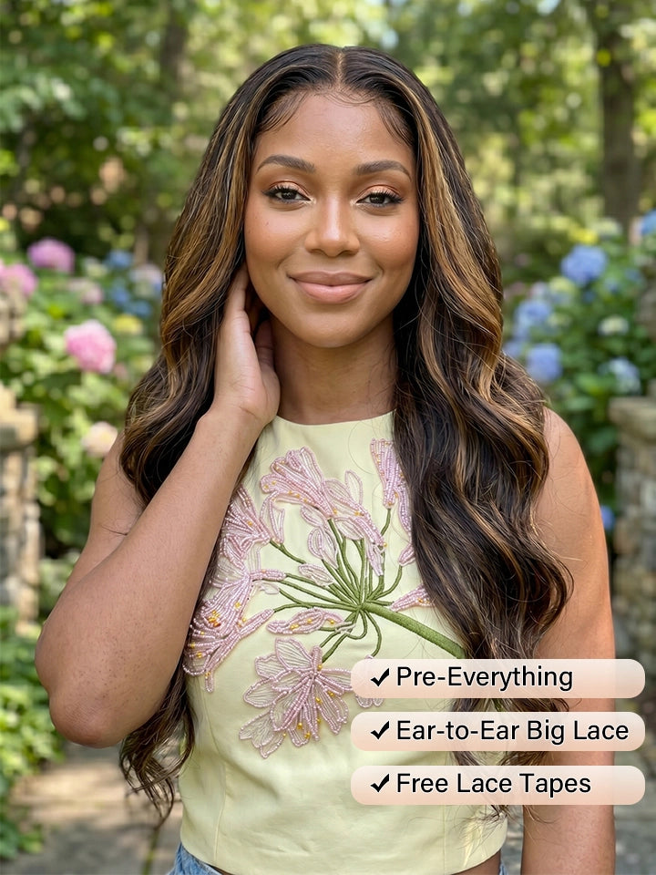highlight wig body wave 13x4 lace front wigs black human hair with brown highlights | WigOutlets