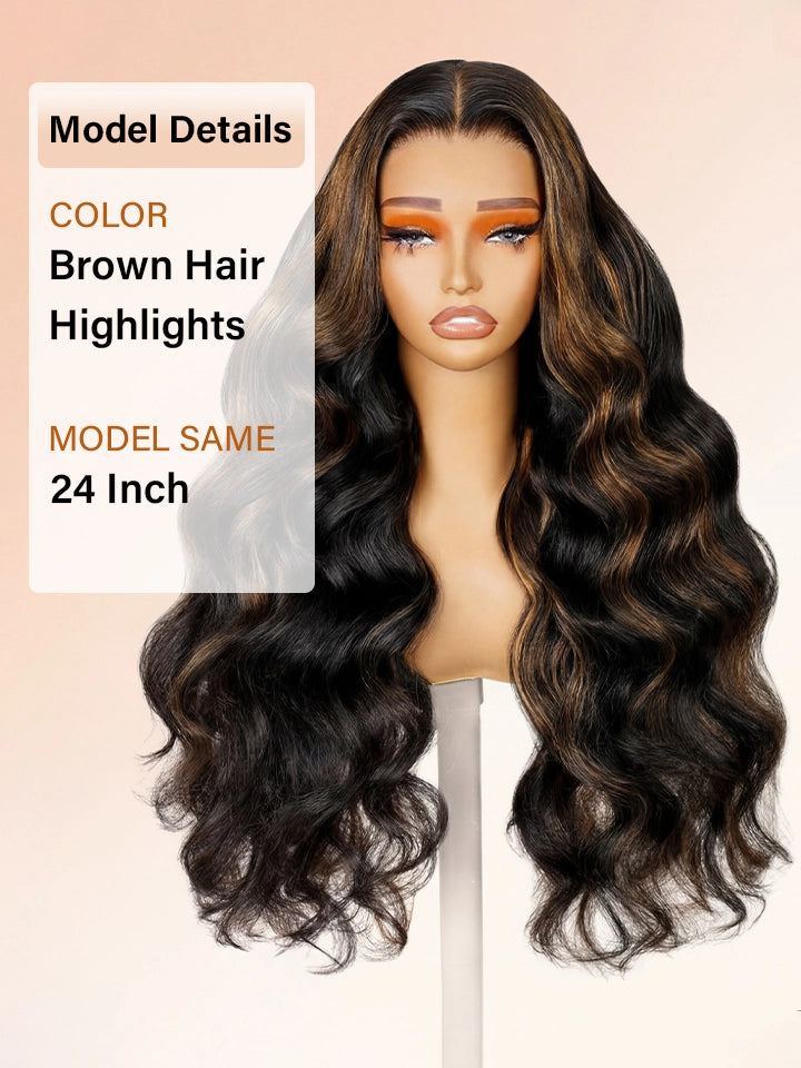 highlight wig body wave 13x4 lace front wigs black human hair with brown highlights | WigOutlets