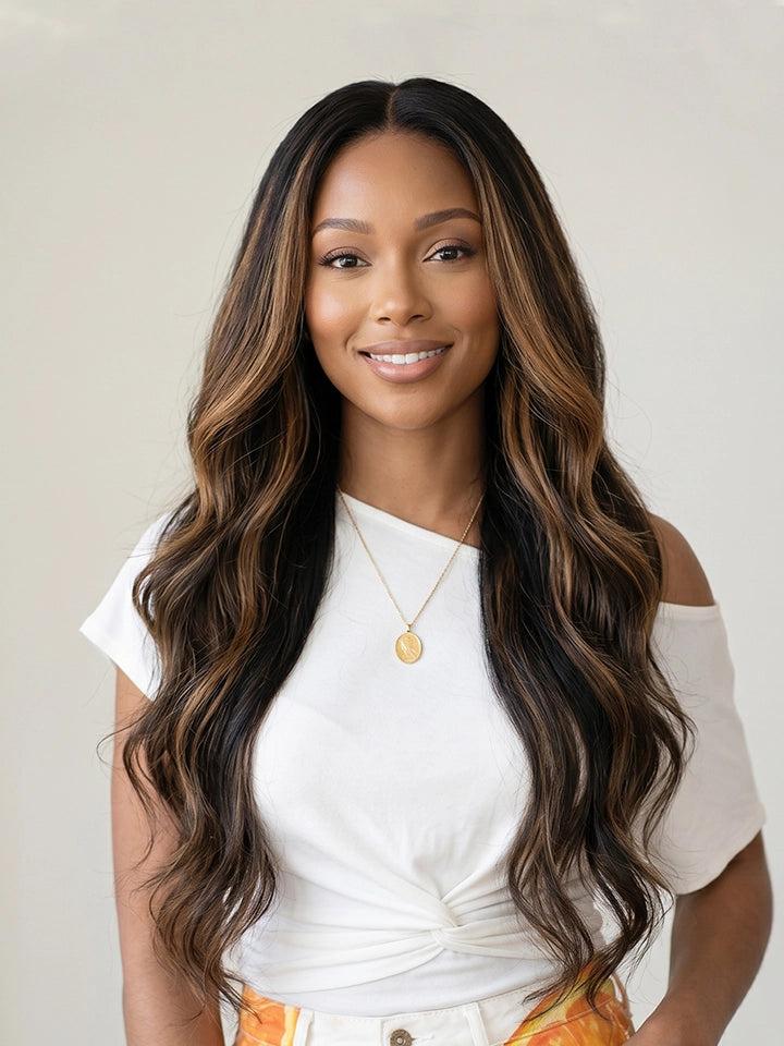 highlight wig body wave 13x4 lace front wigs black human hair with brown highlights | WigOutlets
