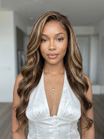 highlight wig body wave 13x4 lace front wigs black human hair with honey brown highlights | WigOutlets