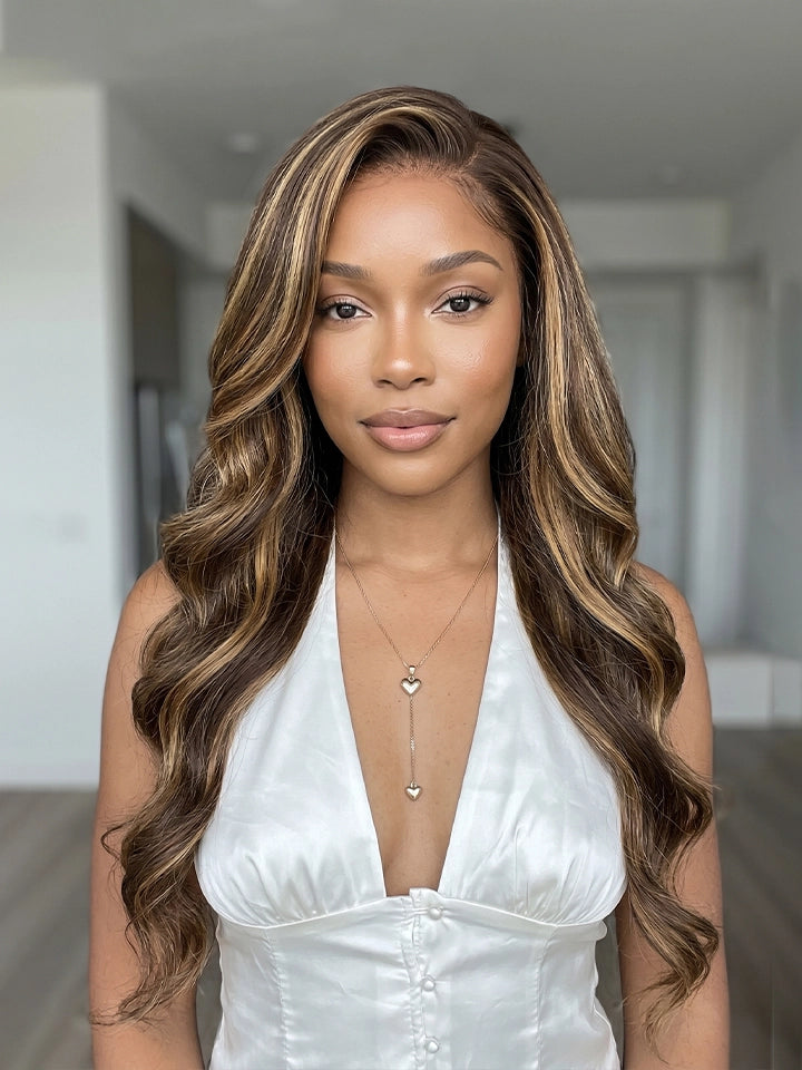 highlight wig body wave 13x4 lace front wigs black human hair with honey brown highlights | WigOutlets