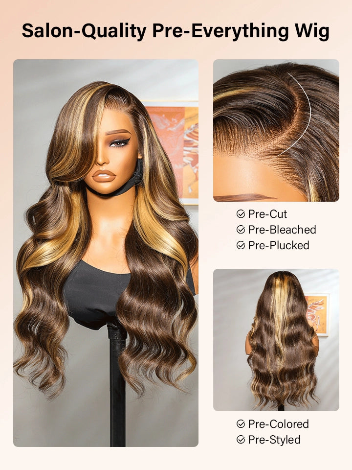 highlight wig body wave 13x4 lace front wigs black human hair with honey brown highlights | WigOutlets