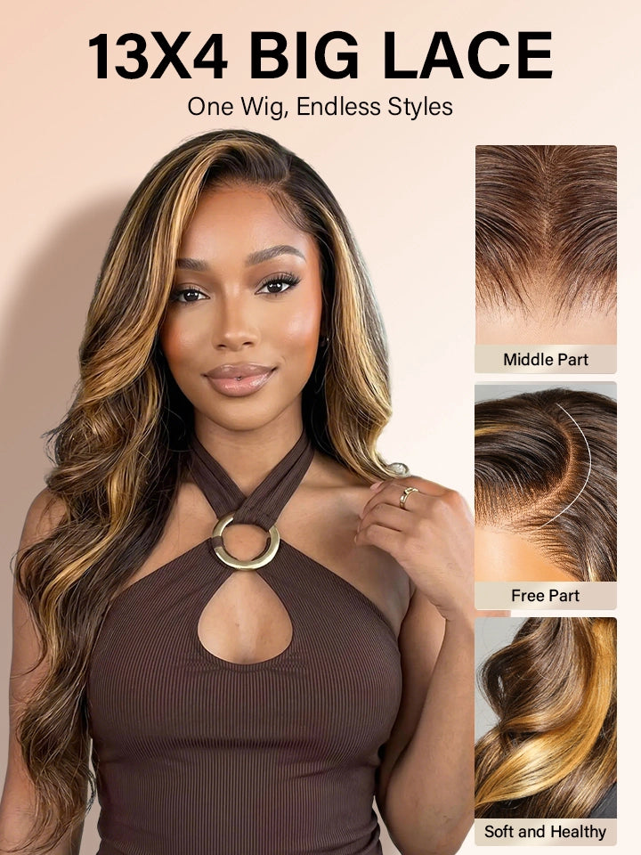 highlight wig body wave 13x4 lace front wigs black human hair with honey brown highlights | WigOutlets