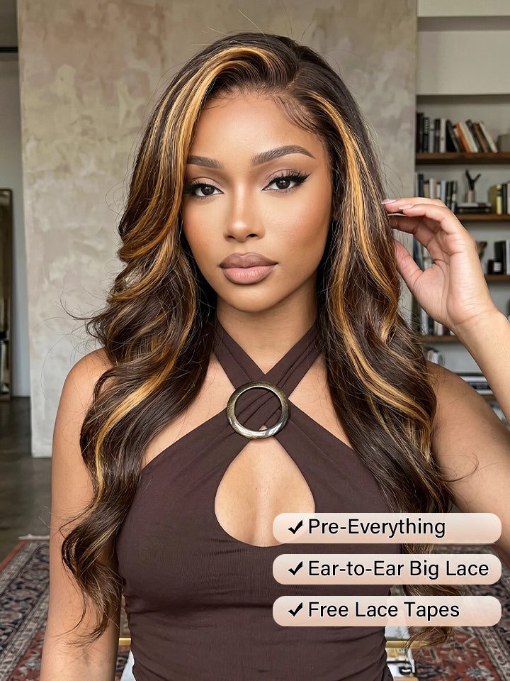 highlight wig body wave 13x4 lace front wigs black human hair with honey brown highlights | WigOutlets