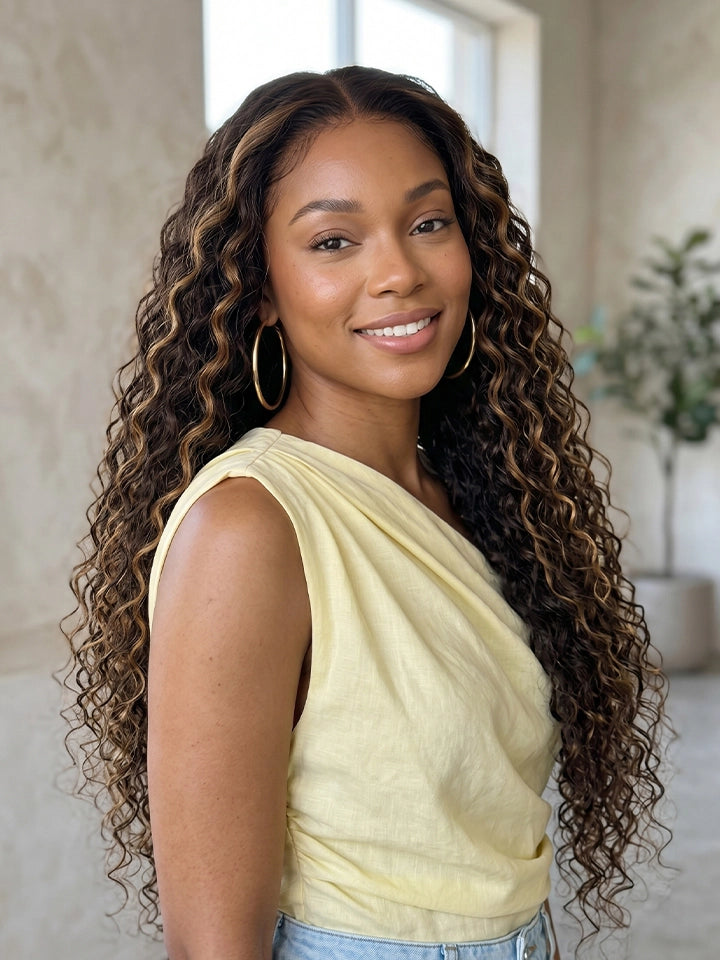 light brown highlight wig water wave 13x4 lace front human hair wigs | WigOutlets