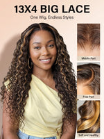 light brown highlight wig water wave 13x4 lace front human hair wigs | WigOutlets