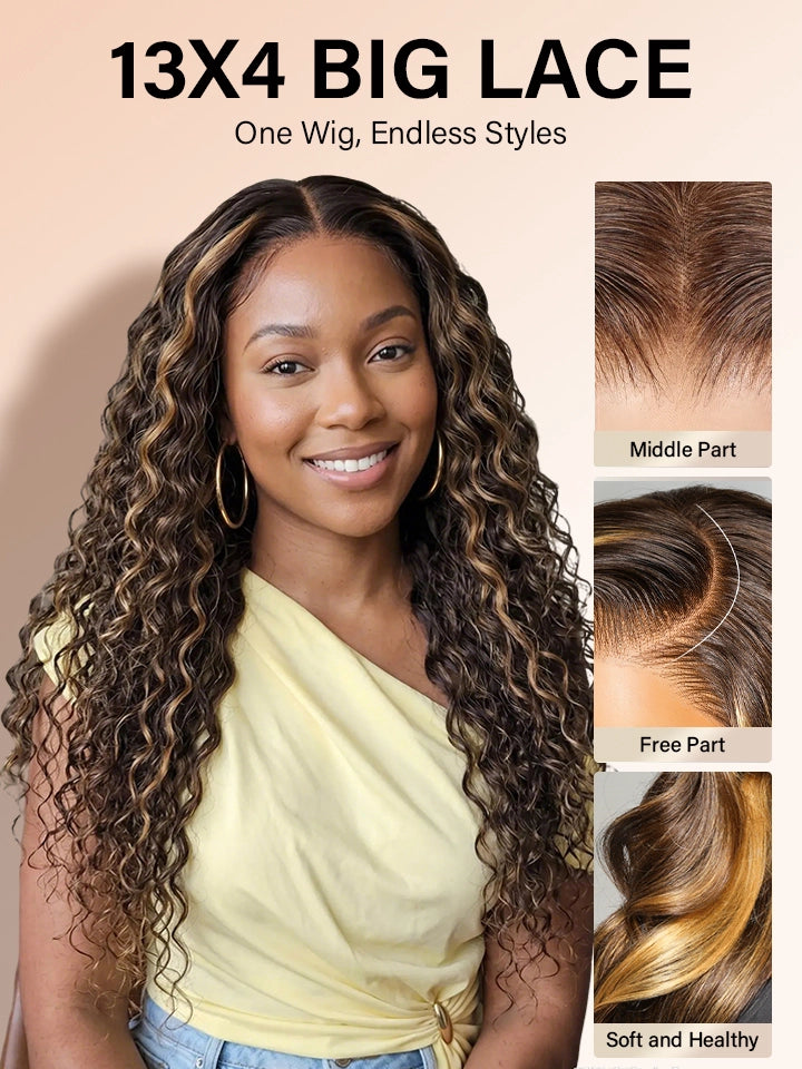 light brown highlight wig water wave 13x4 lace front human hair wigs | WigOutlets