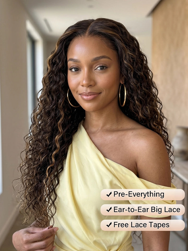 light brown highlight wig water wave 13x4 lace front human hair wigs | WigOutlets