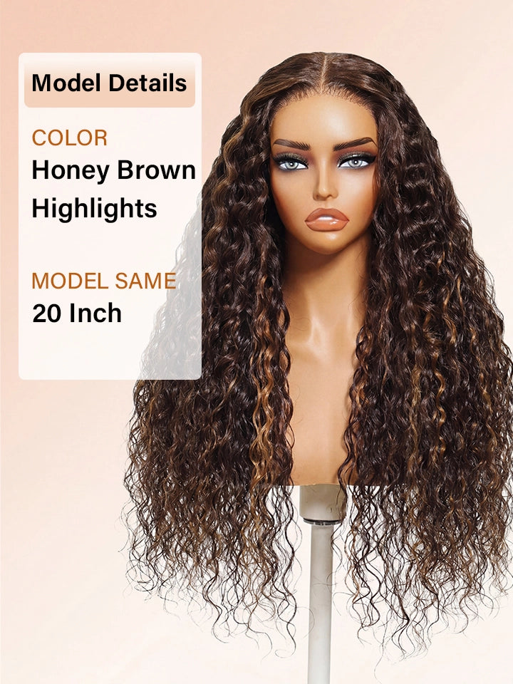 light brown highlight wig water wave 13x4 lace front human hair wigs | WigOutlets