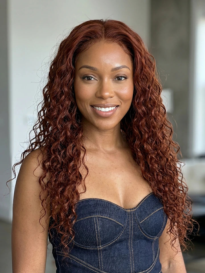 reddish brown wig water wave lace front human hair wigs | WigOutlets