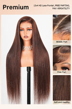 Close-up view of the Wig_Outlets 13x4 Chocolate Brown Straight Glueless Wig, displaying the rich chocolate brown color and sleek, straight texture. The wig is shown with various parting styles including middle, side, and free part, offering versatile styling options. The 13x4 lace front ensures a flawless, natural hairline, while the glueless design provides a comfortable, secure fit.
