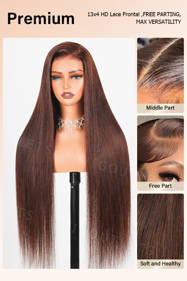 Close-up view of the Wig_Outlets 13x4 Chocolate Brown Straight Glueless Wig, displaying the rich chocolate brown color and sleek, straight texture. The wig is shown with various parting styles including middle, side, and free part, offering versatile styling options. The 13x4 lace front ensures a flawless, natural hairline, while the glueless design provides a comfortable, secure fit.