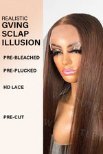 Side view of the model wearing the Wig_Outlets 13x4 Chocolate Brown Straight Glueless Wig, showcasing the rich chocolate brown color and sleek, straight texture. The side profile highlights the smooth, polished finish of the straight hair, with the 13x4 lace front providing a natural, seamless hairline for a flawless look. The glueless design ensures a comfortable, secure fit while maintaining volume and movement.