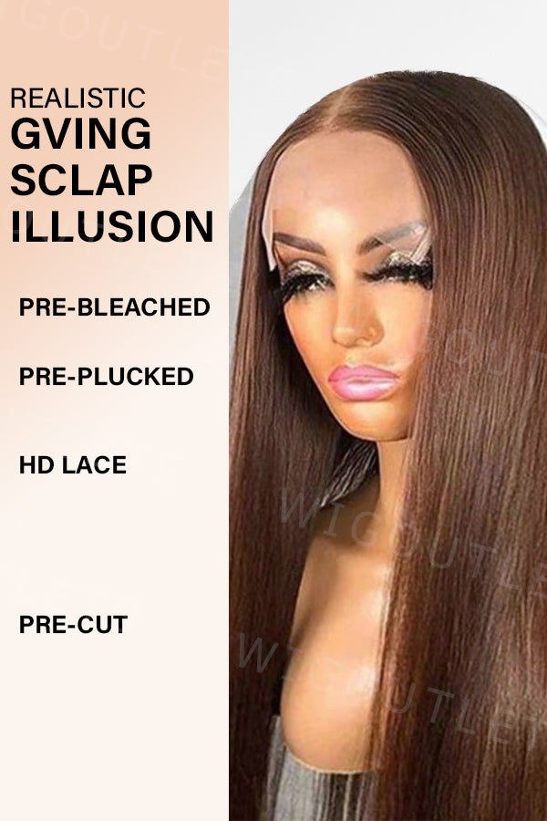 Side view of the model wearing the Wig_Outlets 13x4 Chocolate Brown Straight Glueless Wig, showcasing the rich chocolate brown color and sleek, straight texture. The side profile highlights the smooth, polished finish of the straight hair, with the 13x4 lace front providing a natural, seamless hairline for a flawless look. The glueless design ensures a comfortable, secure fit while maintaining volume and movement.