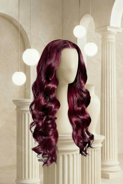 Wig Outlets 13x6 #99J Burgundy Body Wave Human Hair Wig, featuring deep, rich burgundy (#99J) color with soft, voluminous body wave curls. The 13x6 lace front ensures a seamless, natural-looking hairline, while the body wave texture adds bounce and movement for a chic, elegant style.