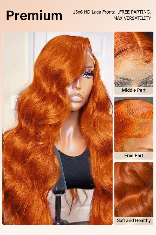 Detailed view of the Wig Outlets 13x6 Body Wave Lace Front #350 Human Hair Wig, showcasing the rich #350 reddish-burgundy color and soft body wave texture. The wig is displayed with various parting options, including middle, side, and free part, offering versatile styling and a natural, realistic hairline with the 13x6 lace front.