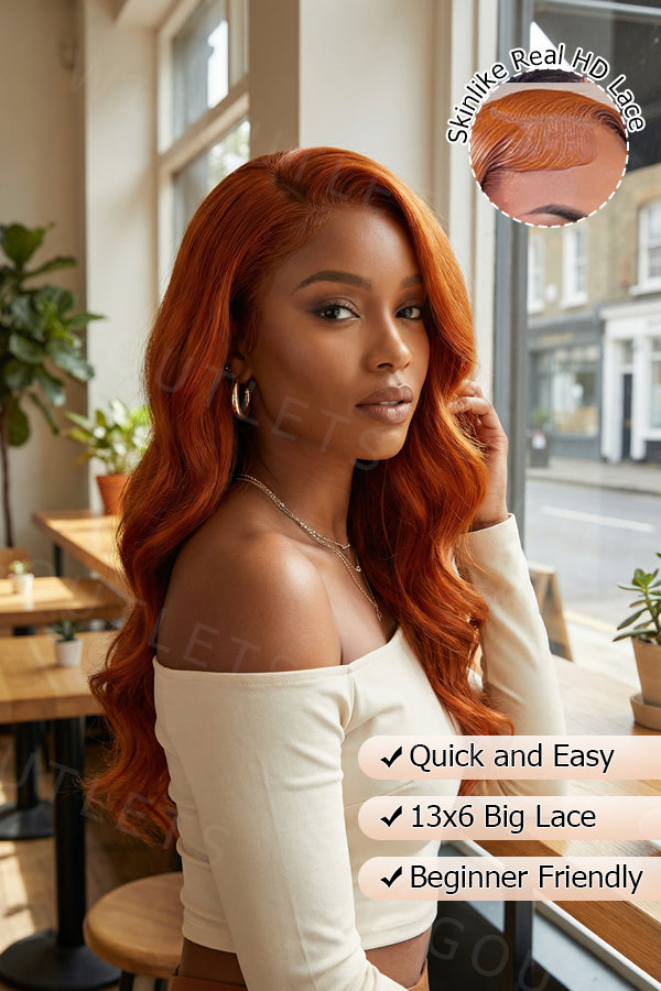 Model wearing the Wig Outlets 13x6 Body Wave Lace Front #350 Human Hair Wig, featuring a rich reddish-burgundy #350 color with soft, bouncy body wave curls. The model shows off a natural, flawless hairline thanks to the 13x6 lace front, with the body wave texture creating volume, movement, and a glamorous, realistic look.