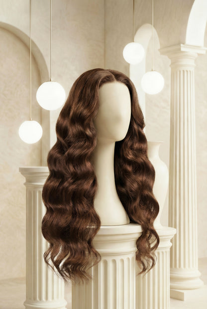 Wig Outlets 13x6 Chocolate Brown Glueless Body Wave Wig, featuring a rich chocolate brown color with soft, voluminous body wave curls. The glueless design ensures an easy, secure fit without the need for adhesive, while the 13x6 lace front provides a seamless, realistic hairline. The body wave texture adds natural movement, bounce, and volume for a glamorous and natural look.