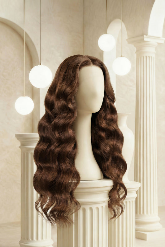 Wig Outlets 13x6 Chocolate Brown Glueless Body Wave Wig, featuring a rich chocolate brown color with soft, voluminous body wave curls. The glueless design ensures an easy, secure fit without the need for adhesive, while the 13x6 lace front provides a seamless, realistic hairline. The body wave texture adds natural movement, bounce, and volume for a glamorous and natural look.
