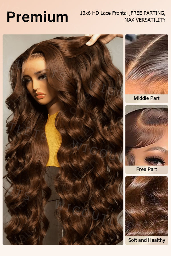 Model wearing the Wig Outlets 13x6 Chocolate Brown Glueless Body Wave Wig, featuring a rich chocolate brown color with soft, voluminous body wave curls. The wig is displayed with different parting styles, including middle, side, and free part, providing versatility in styling. The glueless design ensures a secure fit, while the 13x6 lace front offers a flawless, natural-looking hairline. The body wave texture adds movement and bounce for a fresh, elegant appearance.
