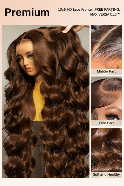Model wearing the Wig Outlets 13x6 Chocolate Brown Glueless Body Wave Wig, featuring a rich chocolate brown color with soft, voluminous body wave curls. The wig is displayed with different parting styles, including middle, side, and free part, providing versatility in styling. The glueless design ensures a secure fit, while the 13x6 lace front offers a flawless, natural-looking hairline. The body wave texture adds movement and bounce for a fresh, elegant appearance.