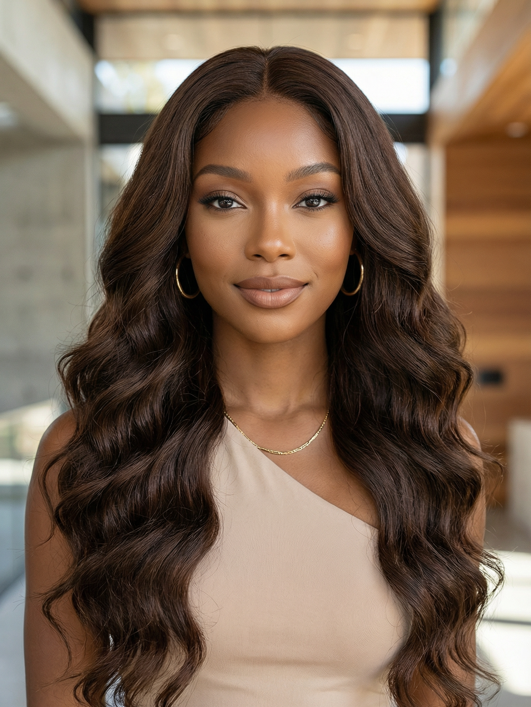 Model wearing the Wig Outlets 13x6 Chocolate Brown Glueless Body Wave Wig, showcasing a rich chocolate brown color with soft, voluminous body wave curls. The glueless design ensures a comfortable, secure fit, while the 13x6 lace front provides a flawless, realistic hairline. The body wave texture creates natural movement, adding volume and bounce for a stylish, natural look.