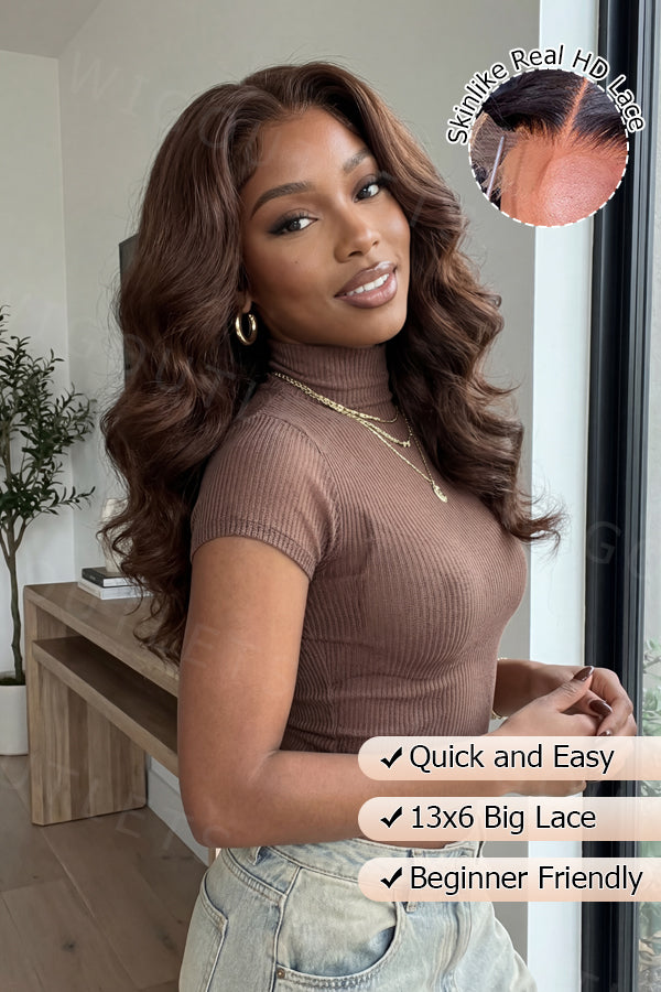 Model wearing the Wig Outlets 13x6 Chocolate Brown Glueless Body Wave Wig outdoors, showcasing the rich chocolate brown color with soft, voluminous body wave curls. The natural sunlight highlights the wig's smooth texture and shine, while the 13x6 lace front creates a flawless, realistic hairline. The body wave texture provides natural movement, adding bounce and volume for a fresh, elegant look.