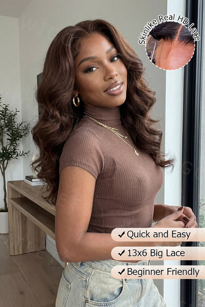 Model wearing the Wig Outlets 13x6 Chocolate Brown Glueless Body Wave Wig outdoors, showcasing the rich chocolate brown color with soft, voluminous body wave curls. The natural sunlight highlights the wig's smooth texture and shine, while the 13x6 lace front creates a flawless, realistic hairline. The body wave texture provides natural movement, adding bounce and volume for a fresh, elegant look.