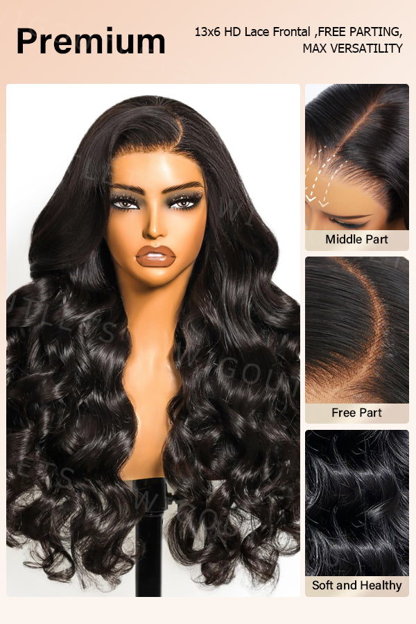 Close-up details of the Wig Outlets 13x6 Lace Front Natural Black Body Wave Wig, showcasing soft, voluminous body wave curls in a rich natural black color. The wig is displayed with different parting styles, including middle, side, and free part, allowing for versatile styling while the 13x6 lace front ensures a seamless, realistic hairline.