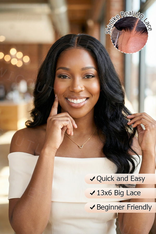 Model wearing the Wig Outlets 13x6 Lace Front Natural Black Body Wave Wig outdoors, showcasing the rich natural black color with soft, voluminous body wave curls. The wig’s 13x6 lace front provides a flawless, natural-looking hairline, while the body wave texture flows beautifully in the natural light, adding movement and volume.