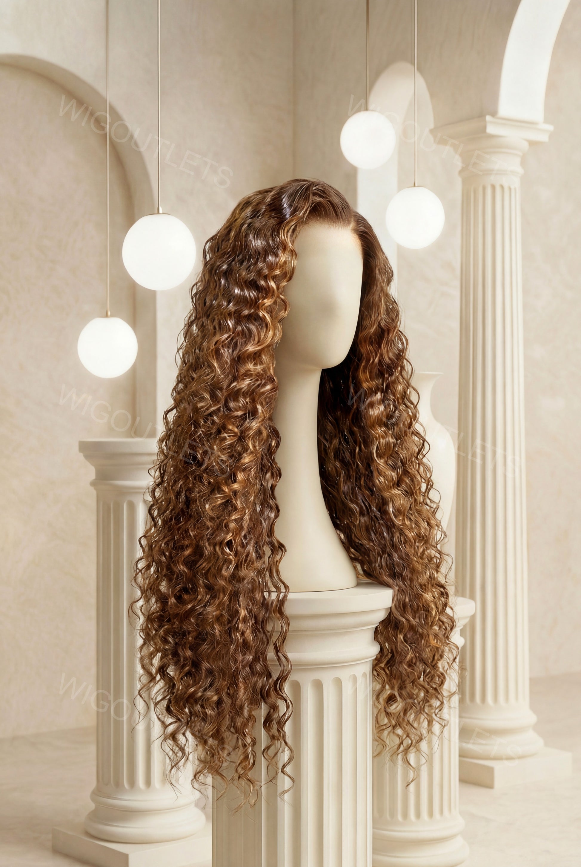 Wig Outlets 13x6 #P4/27 Water Wave Highlight Lace Front Wig, featuring a rich dark brown (#P4) base with warm honey blonde (#27) highlights. The soft, defined water wave texture creates natural volume and movement, while the 13x6 lace front ensures a seamless, realistic hairline for a flawless, natural look.
