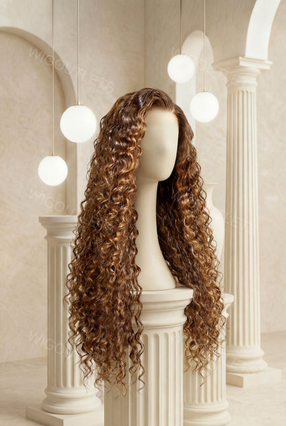 Wig Outlets 13x6 #P4/27 Water Wave Highlight Lace Front Wig, featuring a rich dark brown (#P4) base with warm honey blonde (#27) highlights. The soft, defined water wave texture creates natural volume and movement, while the 13x6 lace front ensures a seamless, realistic hairline for a flawless, natural look.
