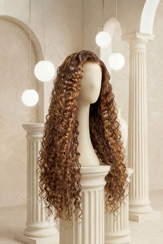 Wig Outlets 13x6 #P4/27 Water Wave Highlight Lace Front Wig, featuring a rich dark brown (#P4) base with warm honey blonde (#27) highlights. The soft, defined water wave texture creates natural volume and movement, while the 13x6 lace front ensures a seamless, realistic hairline for a flawless, natural look.