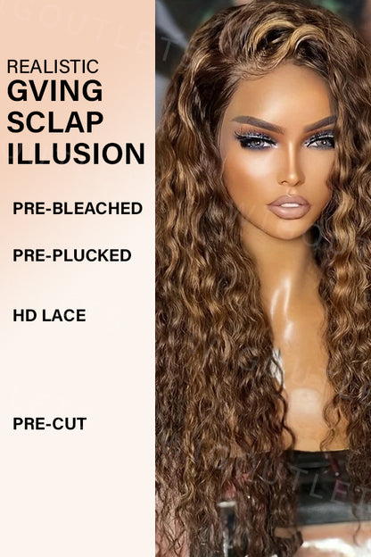 Front view of the Wig Outlets 13x6 #P4/27 Water Wave Highlight Lace Front Wig, showcasing the rich dark brown (#P4) base with warm honey blonde (#27) highlights. The natural water wave texture adds soft volume and movement, while the 13x6 lace front creates a flawless, seamless hairline for a realistic and elegant look.