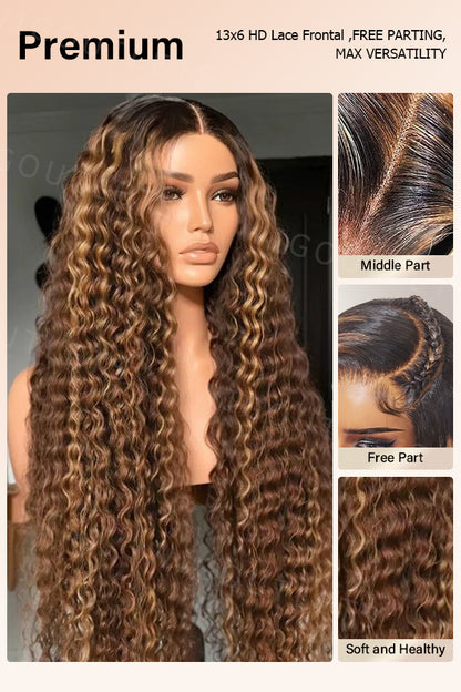 Wig Outlets 13x6 #P4/27 Water Wave Highlight Lace Front Wig, showcasing a rich dark brown (#P4) base with warm honey blonde (#27) highlights. The wig is displayed with various parting styles, including middle, side, and free part, offering versatile styling options while the 13x6 lace front ensures a flawless, realistic hairline. The water wave texture adds volume, movement, and a natural, elegant look.