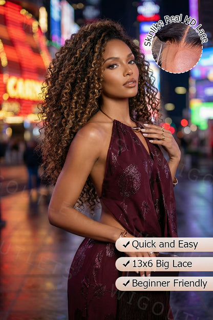 Model wearing the Wig Outlets 13x6 #P4/27 Water Wave Highlight Lace Front Wig outdoors, showcasing the rich dark brown (#P4) base with warm honey blonde (#27) highlights. The water wave texture creates soft, natural volume and movement, while the 13x6 lace front ensures a flawless, realistic hairline. The wig shines beautifully in natural light, adding a fresh and elegant look.