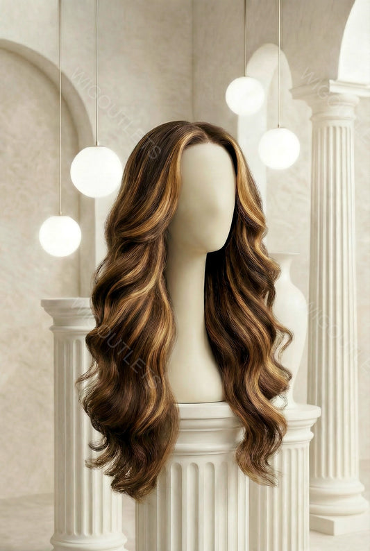 Body Wave Wig in Highlight #P4/27 from Wig Outlets, featuring soft, natural-looking waves, medium length, pre-styled for easy wear, perfect for everyday use or special occasions, designed for a realistic hairline and comfortable fit