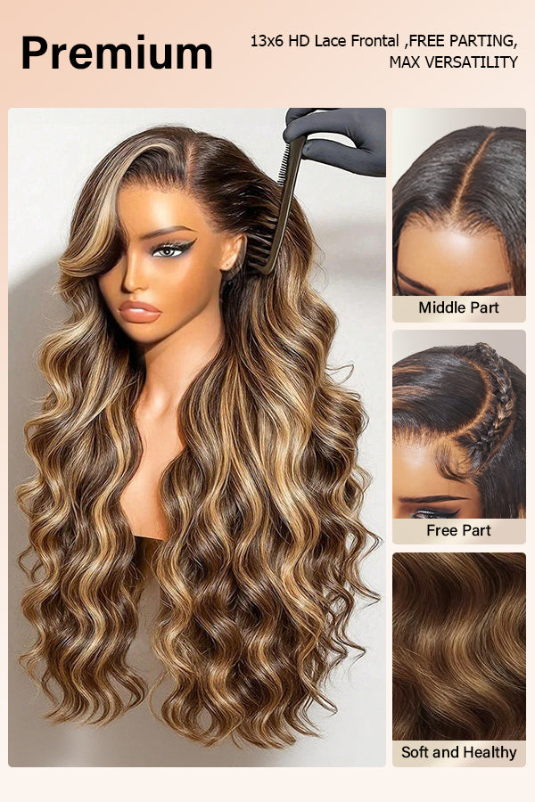 Full 13x6 Lace Front P4/27 Highlight Body Wave Human Hair Wig from Wig Outlets, showcasing various parting styles including middle, side, and free parts. The wig features a rich dark brown (
