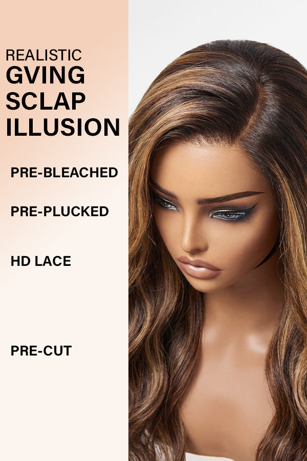 Wig Outlets Full 13x6 Lace Front P4/27 Highlight Body Wave Human Hair Wig, featuring a rich dark brown (