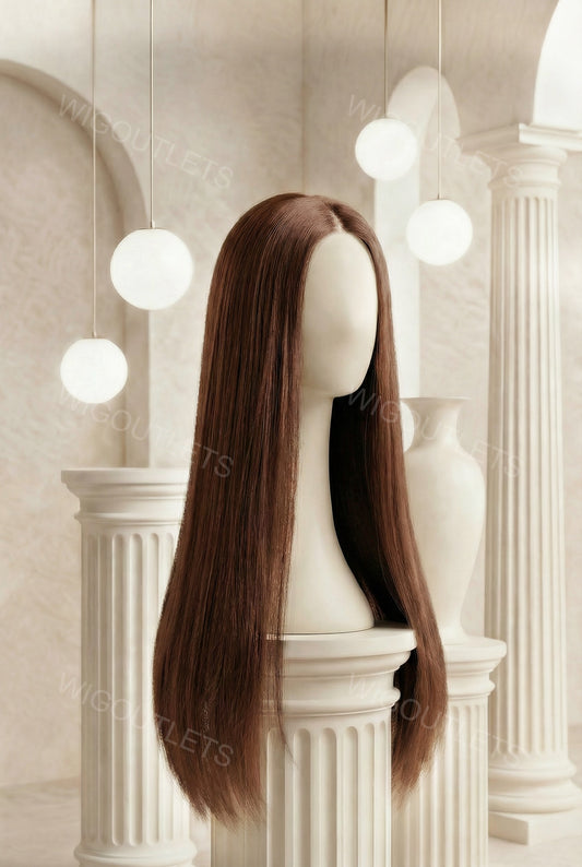 Chocolate Brown Straight Glueless Wig from Wig Outlets, featuring sleek, natural-looking straight hair, pre-styled for easy Wear and Go use, comfortable glueless cap for secure fit, realistic hairline with full lace front, perfect for everyday wear or special occasions, versatile and low-maintenance wig for women.