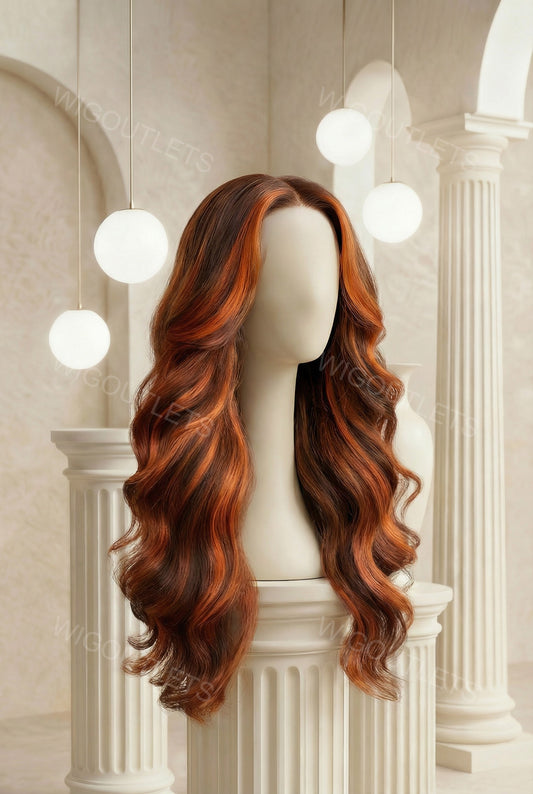 Full 13x6 Lace Front Body Wave Wig in Highlight P4/350 Ginger from Wig Outlets, featuring soft, natural-looking body waves, pre-styled for easy wear, full coverage lace front for a realistic hairline, perfect for everyday use or special occasions, comfortable and versatile wig for women