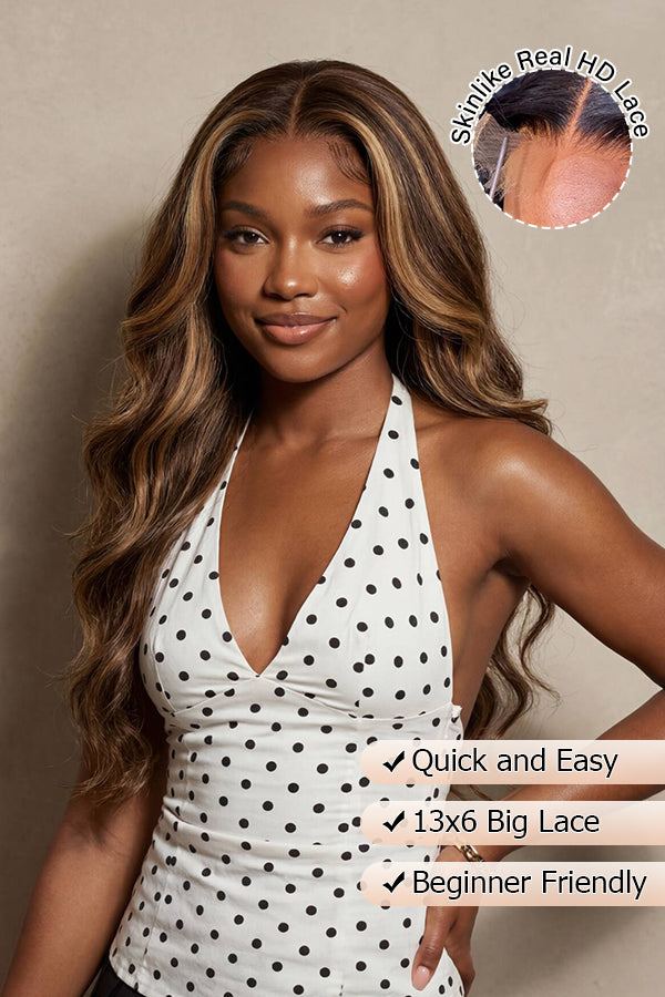 Full 13x6 Lace Front P4/27 Highlight Body Wave Human Hair Wig from Wig Outlets, featuring a rich dark brown base with warm honey blonde highlights. The body wave texture adds volume and natural movement, with a flawless lace front for a seamless, realistic hairline. The wig offers versatility in styling and is made from 100% human hair for a soft, natural look.