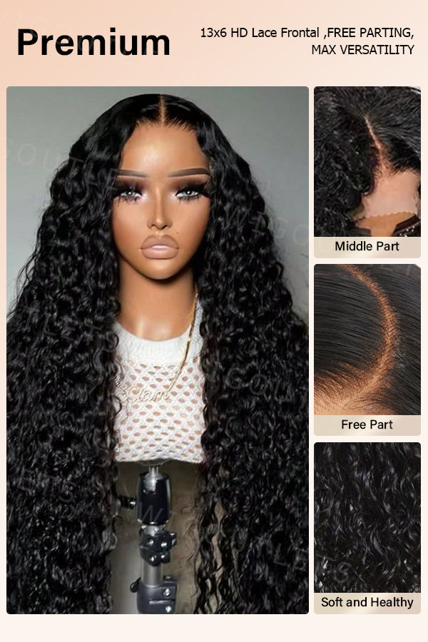 Close-up of the Wig Outlets Full 13x6 Natural Black Deep Wave Lace Front Wig, showcasing the deep, defined wave texture in a rich natural black color. The wig is displayed with different parting options, including middle, side, and free part, providing versatility in styling while the 13x6 lace front ensures a flawless, realistic hairline.