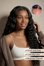Model wearing the Wig Outlets Full 13x6 Natural Black Deep Wave Lace Front Wig, showcasing deep, defined waves in a rich natural black color. The 13x6 lace front creates a flawless, realistic hairline, while the deep wave texture adds volume, movement, and body for a stylish, natural look.