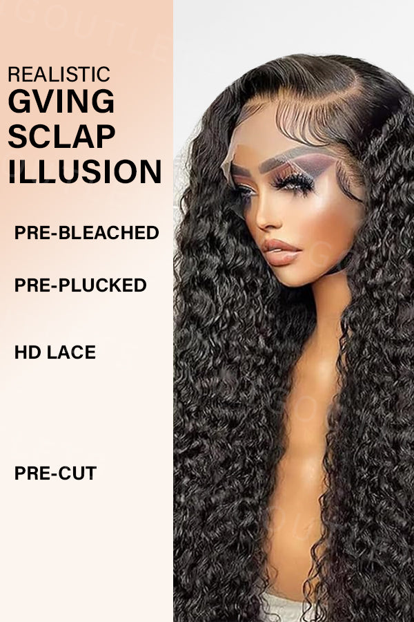 Side view of the Wig Outlets Full 13x6 Natural Black Deep Wave Lace Front Wig, featuring deep, defined waves in a rich natural black color. The side profile highlights the wig’s volume, natural movement, and the seamless lace front that creates a flawless, realistic hairline, showcasing its full-body texture.