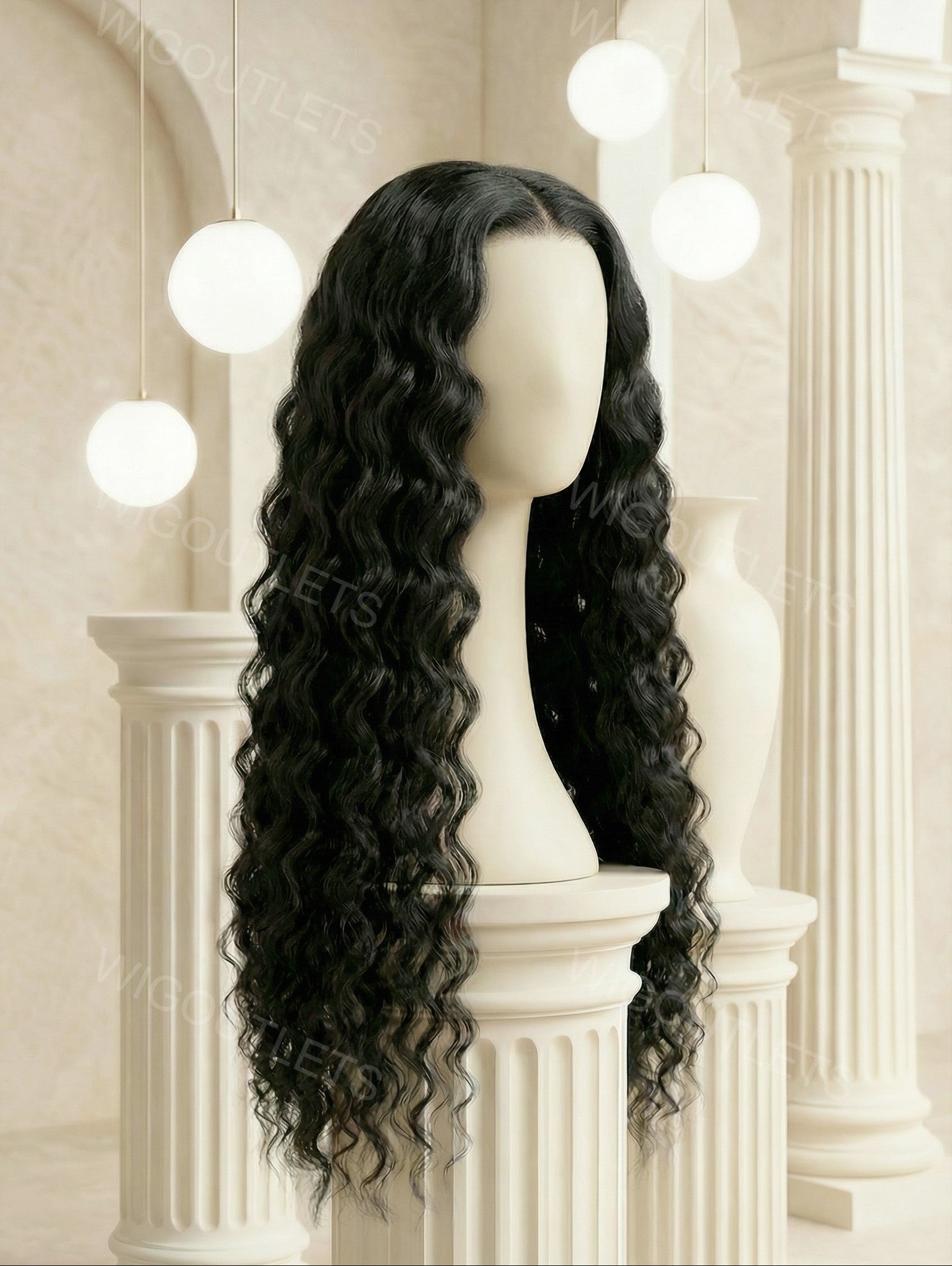 Wig Outlets Full 13x6 Water Wave Natural Black Wig, featuring a deep, rich natural black color with soft, defined water wave curls. The 13x6 lace front provides a seamless, realistic hairline, while the water wave texture adds natural volume, bounce, and movement for a fresh, effortless look.