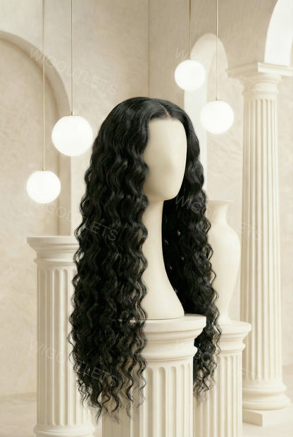 Wig Outlets Full 13x6 Water Wave Natural Black Wig, featuring a deep, rich natural black color with soft, defined water wave curls. The 13x6 lace front provides a seamless, realistic hairline, while the water wave texture adds natural volume, bounce, and movement for a fresh, effortless look.