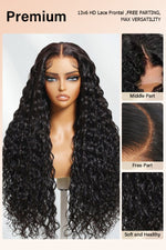 Close-up of the Wig Outlets Full 13x6 Water Wave Natural Black Wig, showcasing the soft, defined water wave texture in rich natural black color. The wig is displayed with various parting options, including middle, side, and free part, offering versatile styling while the 13x6 lace front ensures a flawless, realistic hairline.